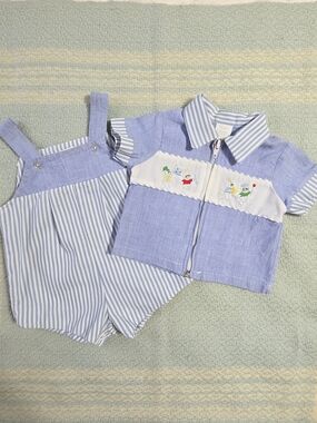 Vintage Baby Blue Striped Two-Piece Outfit with Embroidered Bunnies